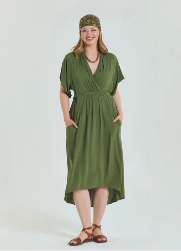V Neck Pleated Detail Khaki Casual Plus Size Dress 4607